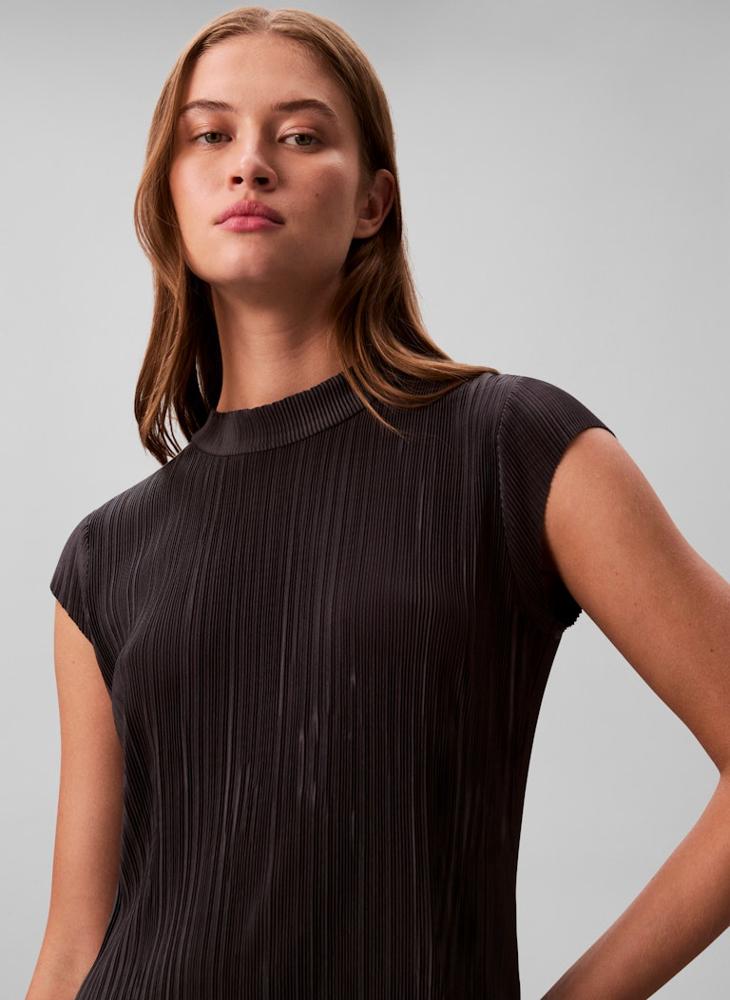 CALVIN KLEIN Pleated Crew Neck Short Sleeve Midi Dress - Image 3