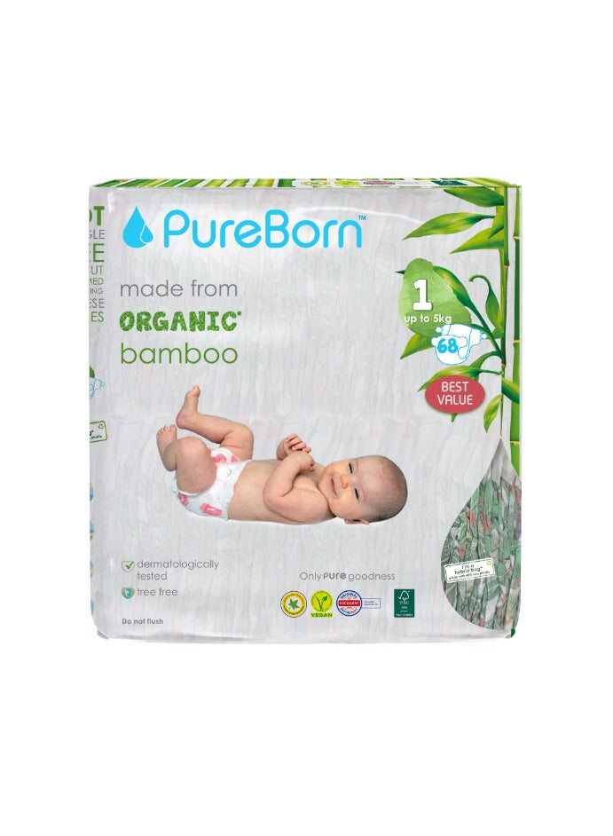 PureBorn Organic Diapers Size-1 Upto 5kg Twin Value Pack Tropic Print 68 Diapers - Image 1
