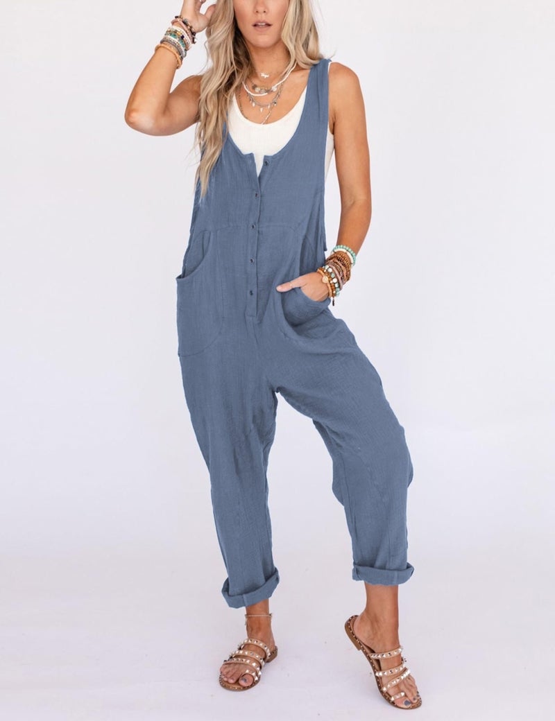 Yeokou Womens Overalls Linen Cotton Jumpsuits Loose Casual Jumpers with Pockets(BlueGrey-S) - Image 2