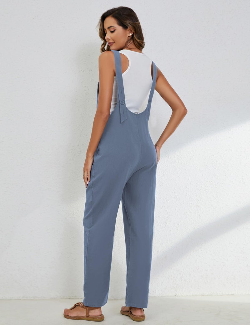 Yeokou Womens Overalls Linen Cotton Jumpsuits Loose Casual Jumpers with Pockets(BlueGrey-S) - Image 4