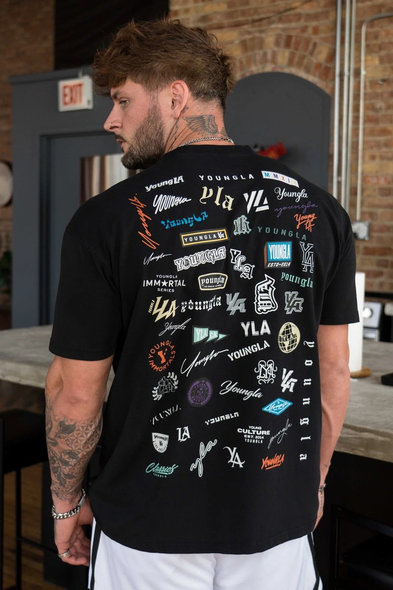 YOUNG LA Printed Back Summer Tee Loose Fit Cotton Black 