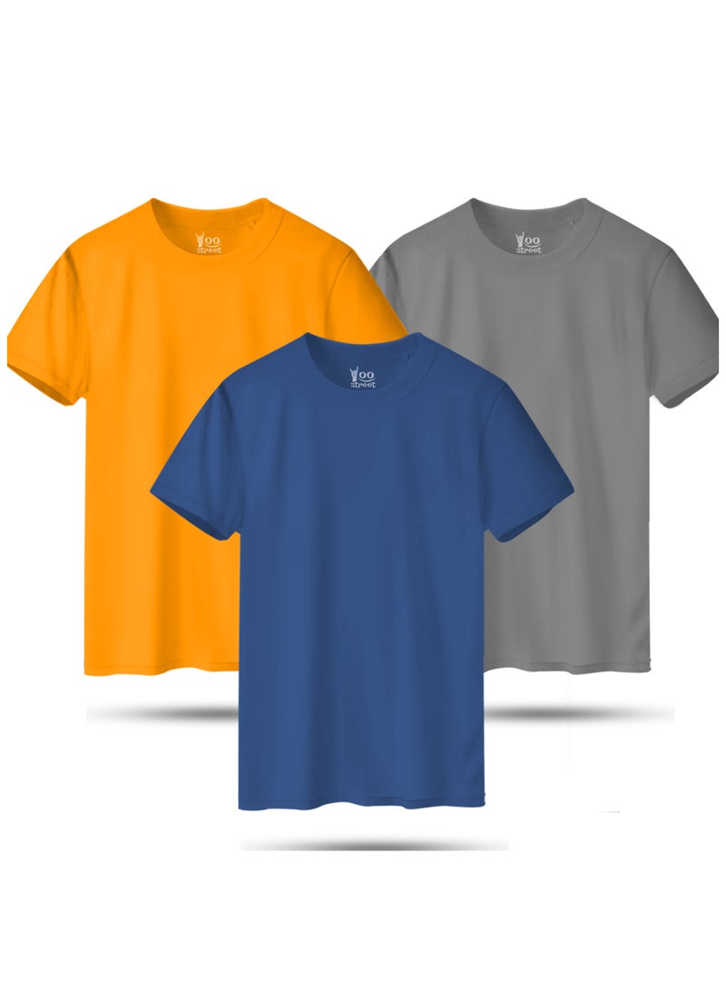 Yoo Street Bundle of 3 Classic T-Shirts - LIGHT INDIGO YELLOW GRAY
