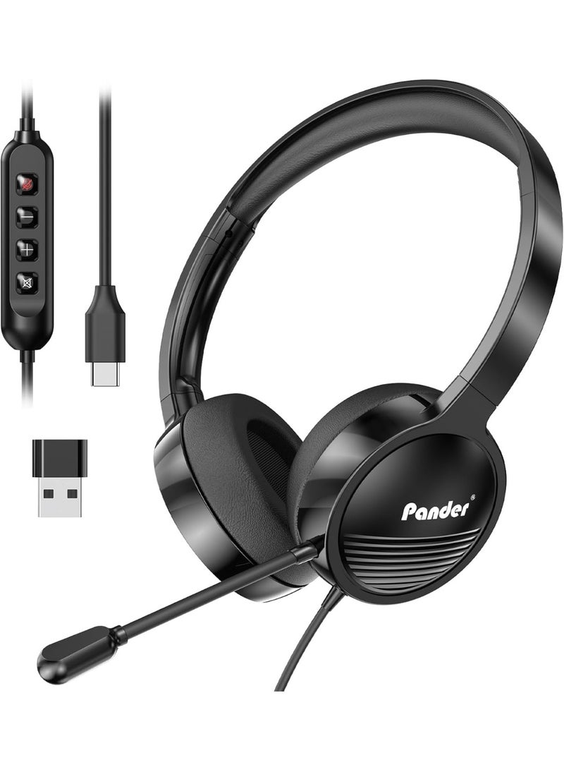 PANDER Headset wtih Mic, Headset with Microphone for PC, Computer Headset with Noise Canceling Mic for Laptop, USB-A/Type-C Wired Headset with Mute for Home Office Online Class Skype Zoom Meetings - Image 1