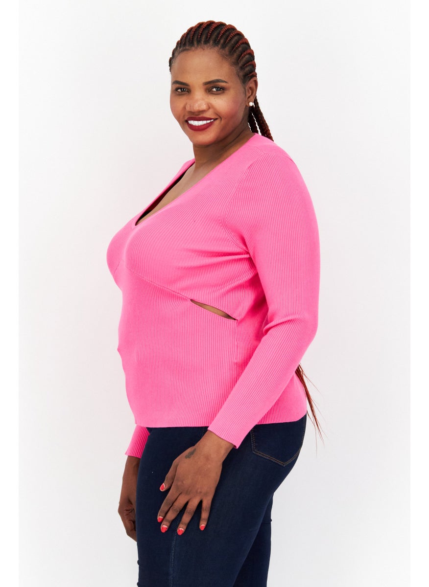 Women Plus Size V Neck Long Sleeve Textured Blouse, Pink - pzsku/ZCE3A63FA557E8AD7970EZ/45/_/1737642381/1b9a7170-00f4-4fbb-8164-b602efa79958