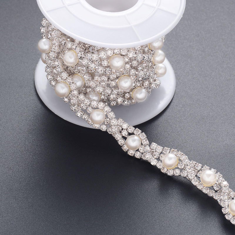 Jerler 1 Yard Pearl Rhinestone Trim Inlaid Pearl Beaded Chain Crystal Applique Ideal for DIY and Wedding Party Decoration Bridal Embellishments 08 Width Eye Pearl