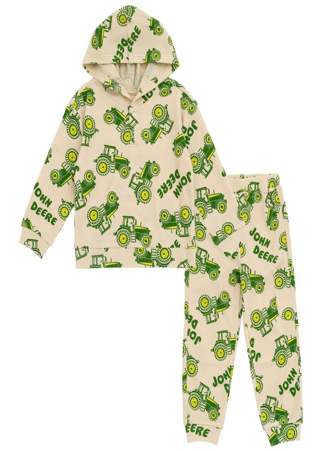 John Deere Tractor Toddler Boys Waffle Knit Pullover Henley Hoodie and Jogger Pants Outfit Set Beige/Green 2T - Image 1