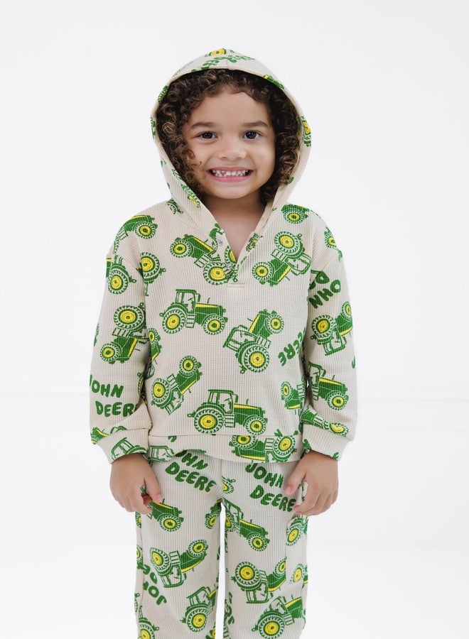 John Deere Tractor Toddler Boys Waffle Knit Pullover Henley Hoodie and Jogger Pants Outfit Set Beige/Green 2T - Image 4