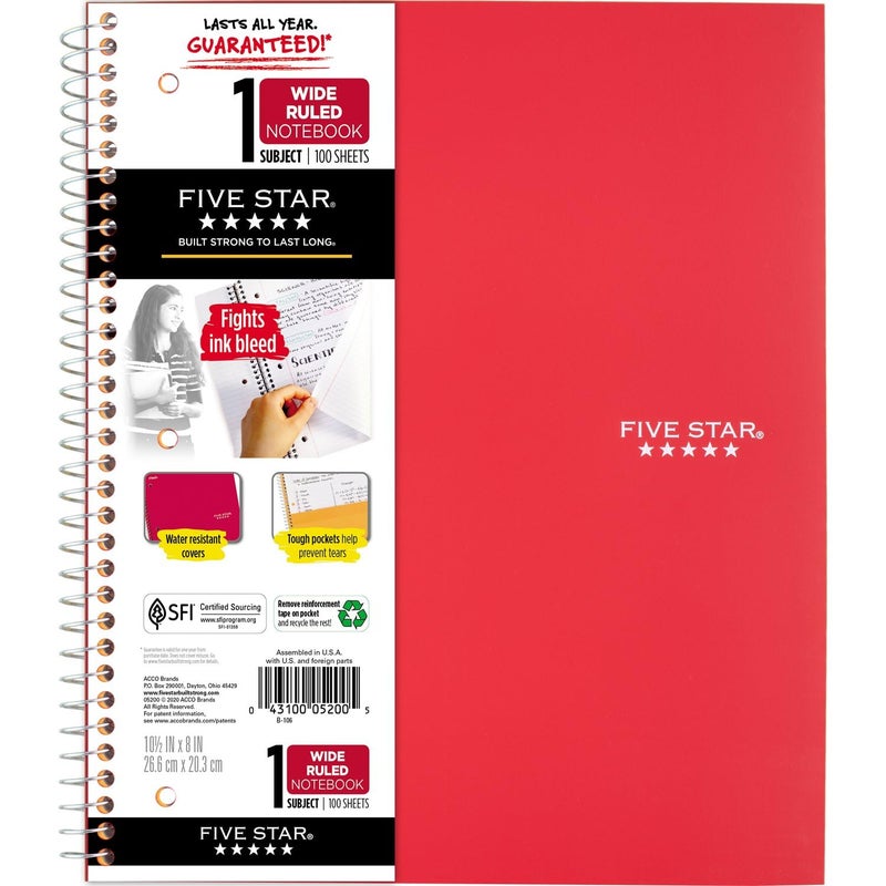 Five Star Spiral Notebook, 1 Subject, Wide Ruled Paper, 100 Sheets, 10-1/2" x 8", Red (72017) - Image 1