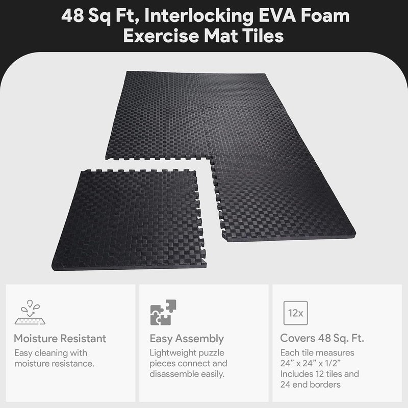 BalanceFrom Puzzle Exercise Mat 1/2" Thick, EVA Interlocking Foam Floor Tiles for Home Gym, Mat for Home Workout Equipment, Floor Padding for Kids, Black, 24 in x 24 in x 1/2 in, 48 Sq Ft - 12 Tiles - Image 4