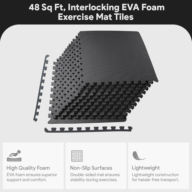 BalanceFrom Puzzle Exercise Mat 1/2" Thick, EVA Interlocking Foam Floor Tiles for Home Gym, Mat for Home Workout Equipment, Floor Padding for Kids, Black, 24 in x 24 in x 1/2 in, 48 Sq Ft - 12 Tiles - Image 2