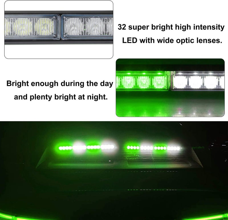 ASPL 2x16.8 inch Emergency Flashing LED Traffic Advisor Strobe Light Bar 32LED 26 Flash Patterns Interior Safety Warning Lights (Green/White) - Image 3