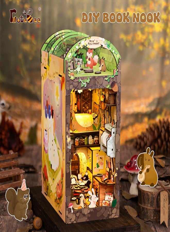 كيوت بي مجموعة ركن الكتب CUTEBEE DIY مع غطاء واقٍ من الغبار، رف كتب لبيت الدمى DIY، ديكور لحفلات الحيوانات، نموذج بناء رف الكتب - مجموعة إبداعية مع أضواء LED (شقة الخلد) - Image 4