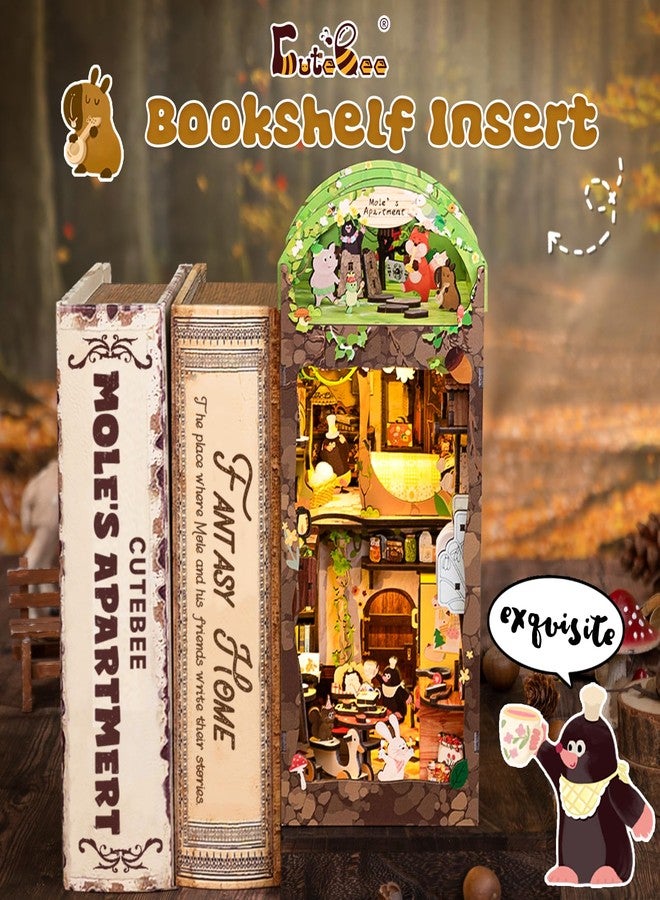 كيوت بي مجموعة ركن الكتب CUTEBEE DIY مع غطاء واقٍ من الغبار، رف كتب لبيت الدمى DIY، ديكور لحفلات الحيوانات، نموذج بناء رف الكتب - مجموعة إبداعية مع أضواء LED (شقة الخلد) - Image 3
