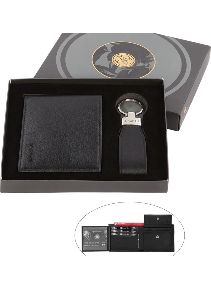 Cengiz Pakel Genuine Leather Black Men's Wallet with Coin Compartment + Keychain Set