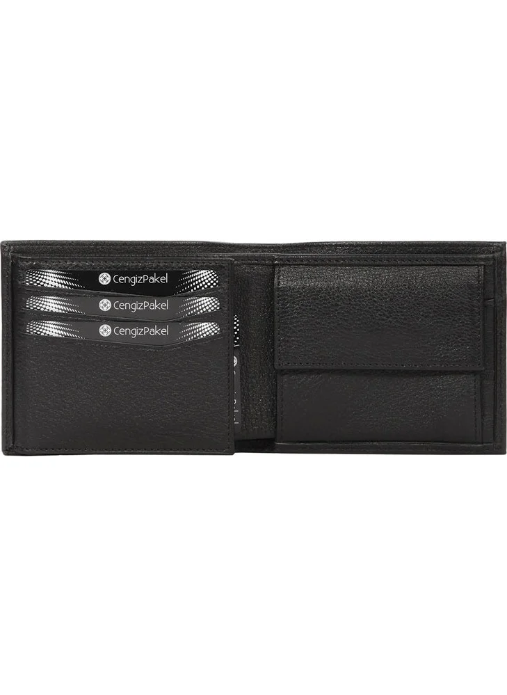 Cengiz Pakel Genuine Leather Black Men's Wallet with Coin Compartment + Keychain Set