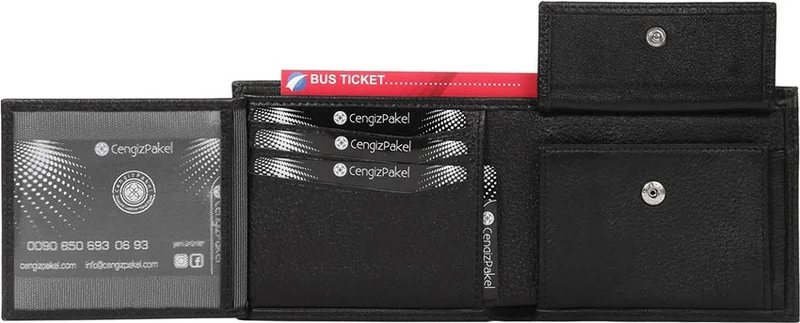 جنكيز باكيل Genuine Leather Black Men's Wallet with Coin Compartment + Keychain Set