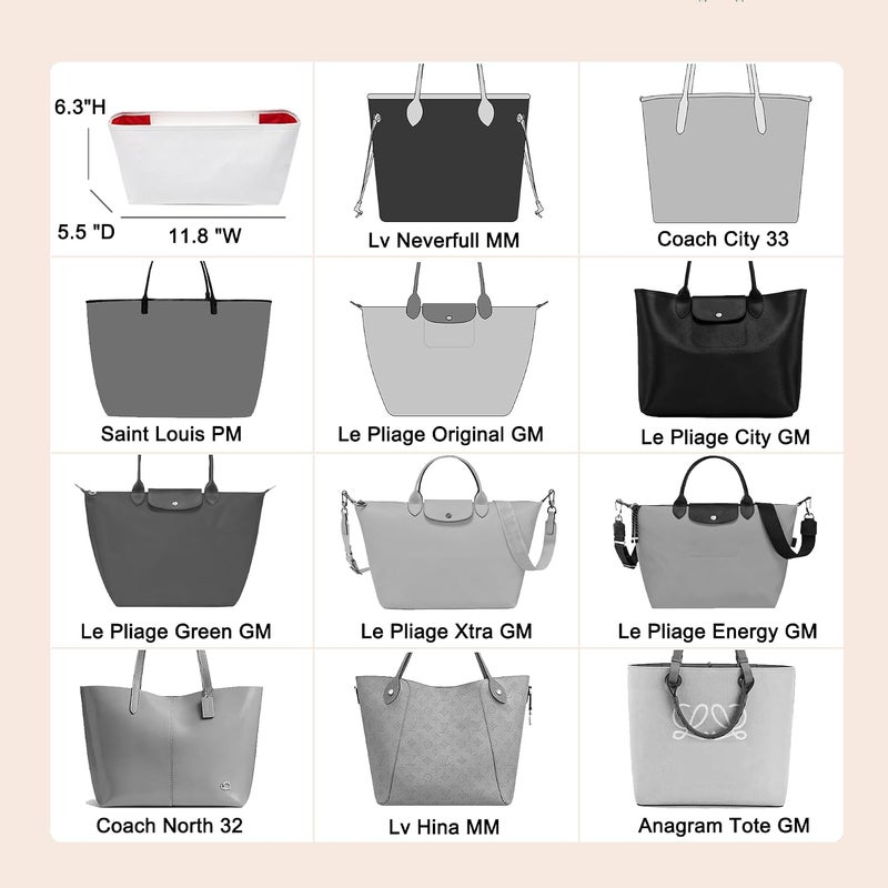 حشوة منظم حقيبة دوكسو، حشوة حقيبة تسوق لـ Lv Neverfull MM، Longchamp Le-pliage L والمزيد، حشوة منظم حقيبة فائقة الخفة مع غطاء (كبير، أبيض-أحمر) - Image 5