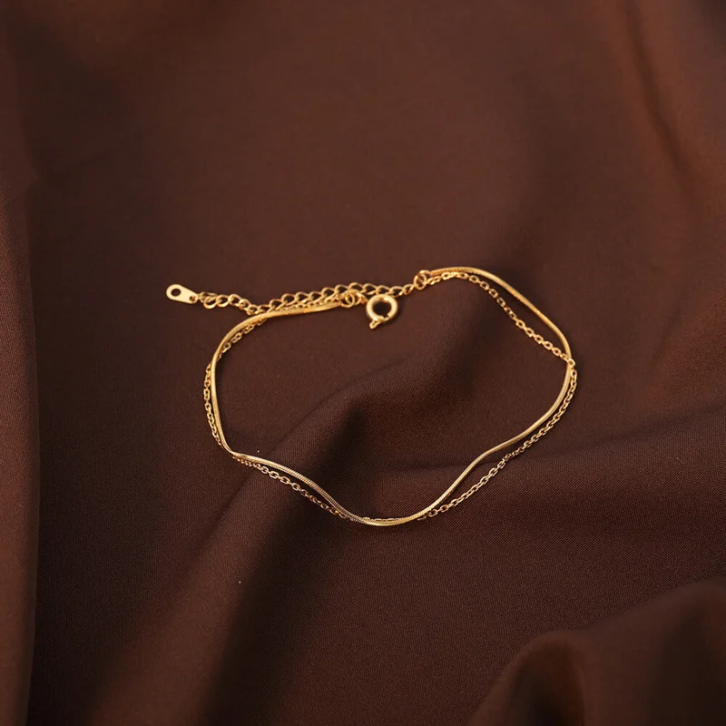 بالموناس PALMONAS 18k Gold Tone Plated Two Layered Solid Cable Anklet
 for Women