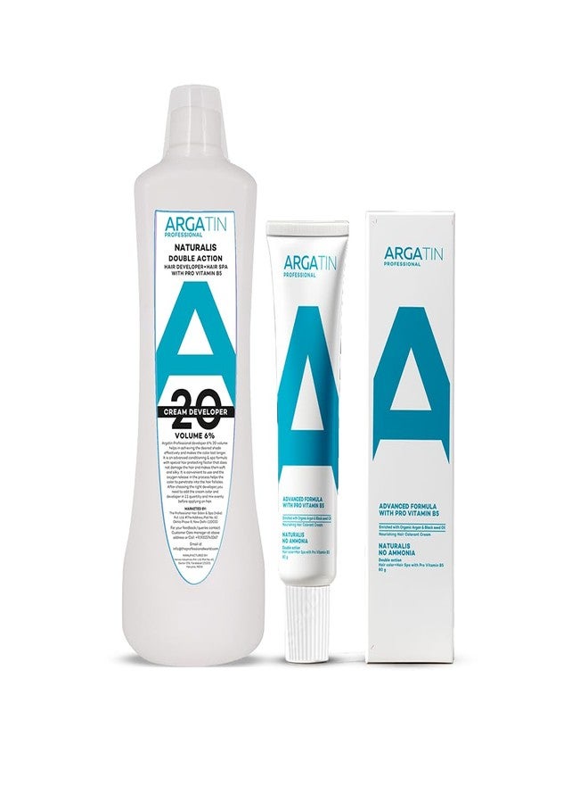 ARGATIN Professional Naturalis Hair Color Developer 20 Volume 6% 1000ml + Hair Color Tube No.1 Black 80gm (Ammonia Free) | 2in1 Formulation with Enriched Pro Vitamin B5 - Image 1