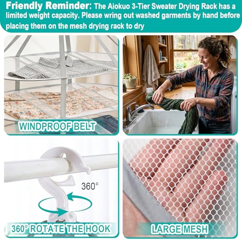 Aiokuo 3Tier Folding Mesh Clothes Drying Rack Hanging Sweater Dryer for Laundry Large Foldable Flat Dry Hanger Portable Mesh Clothes Drying Net for Delicate Garments - Image 3