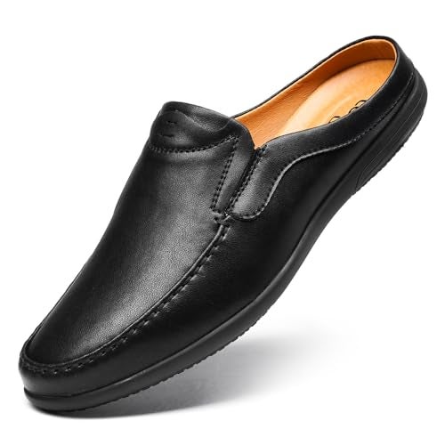 LUODENGLANG Men’s Slip-On Loafers Handmade Leather Slippers Breathable Comfortable Soft Hand Stitched no-heel Casual Shoes For Men Black 39 M 7 - Image 1