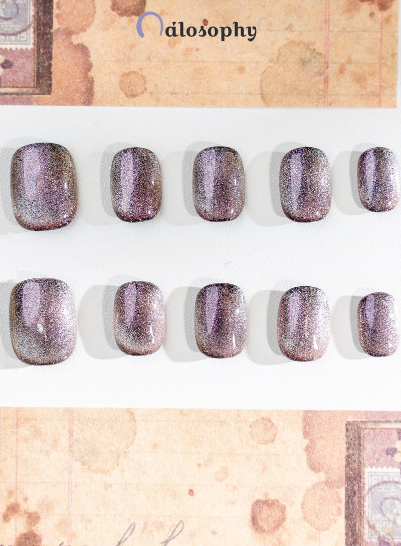 Nailosophy 10 Pcs Handmade Gel Press On Nails Round Short Silver Grey Glitter Shimmer Reusable False Nails Nail Kit for Women Daily Wear Office Eid Special Occasions - Image 2