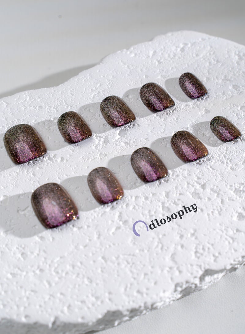 Nailosophy 10 Pcs Handmade Gel Press On Nails Round Short Silver Grey Glitter Shimmer Reusable False Nails Nail Kit for Women Daily Wear Office Eid Special Occasions - Image 4