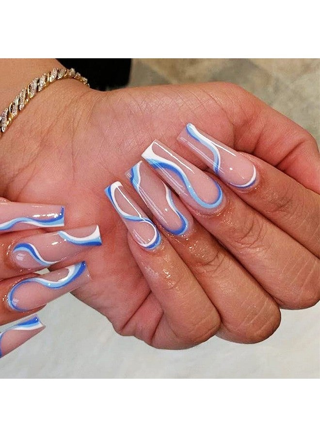 Tyemp Extra Long Coffin Press on Nails - Coffin Blue Fake Nails Full Cover Ballerina Nail Tips Abstract Swirl False Nails with Design Long Acrylic Nails for Women Girls 24Pcs (Glossy) - Image 1