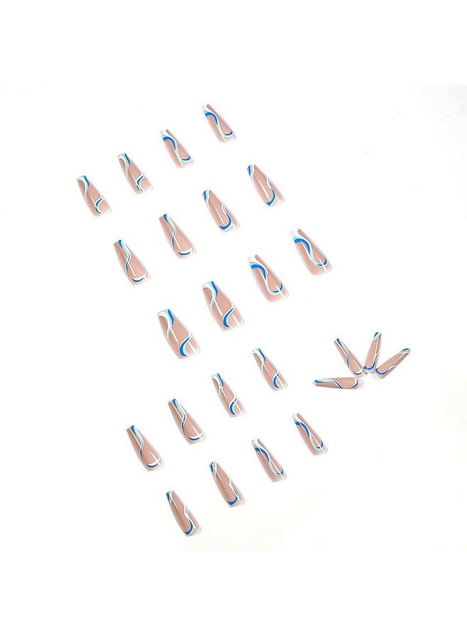 Tyemp Extra Long Coffin Press on Nails - Coffin Blue Fake Nails Full Cover Ballerina Nail Tips Abstract Swirl False Nails with Design Long Acrylic Nails for Women Girls 24Pcs (Glossy) - Image 3