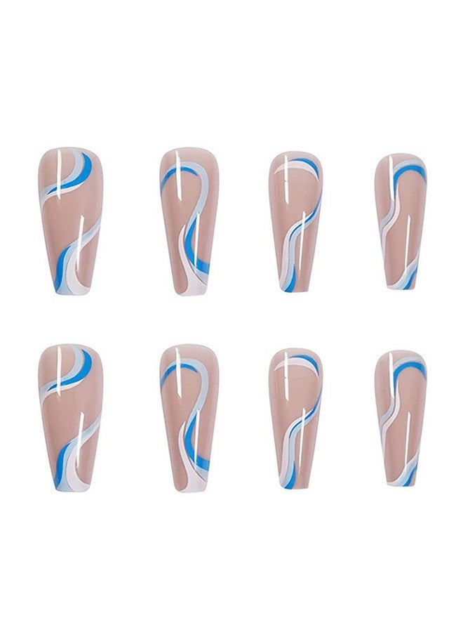 Tyemp Extra Long Coffin Press on Nails - Coffin Blue Fake Nails Full Cover Ballerina Nail Tips Abstract Swirl False Nails with Design Long Acrylic Nails for Women Girls 24Pcs (Glossy) - Image 2