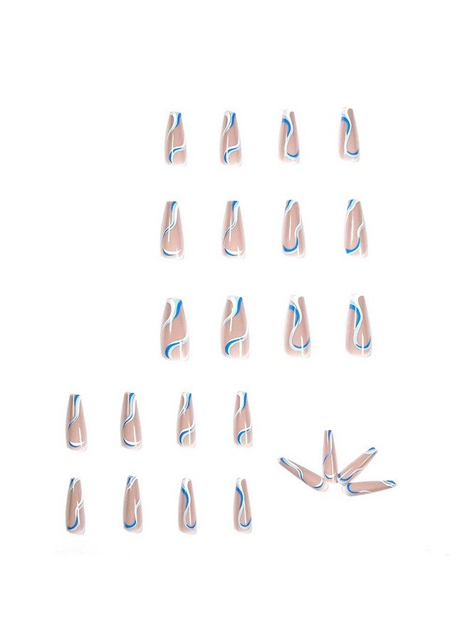 Tyemp Extra Long Coffin Press on Nails - Coffin Blue Fake Nails Full Cover Ballerina Nail Tips Abstract Swirl False Nails with Design Long Acrylic Nails for Women Girls 24Pcs (Glossy) - Image 4