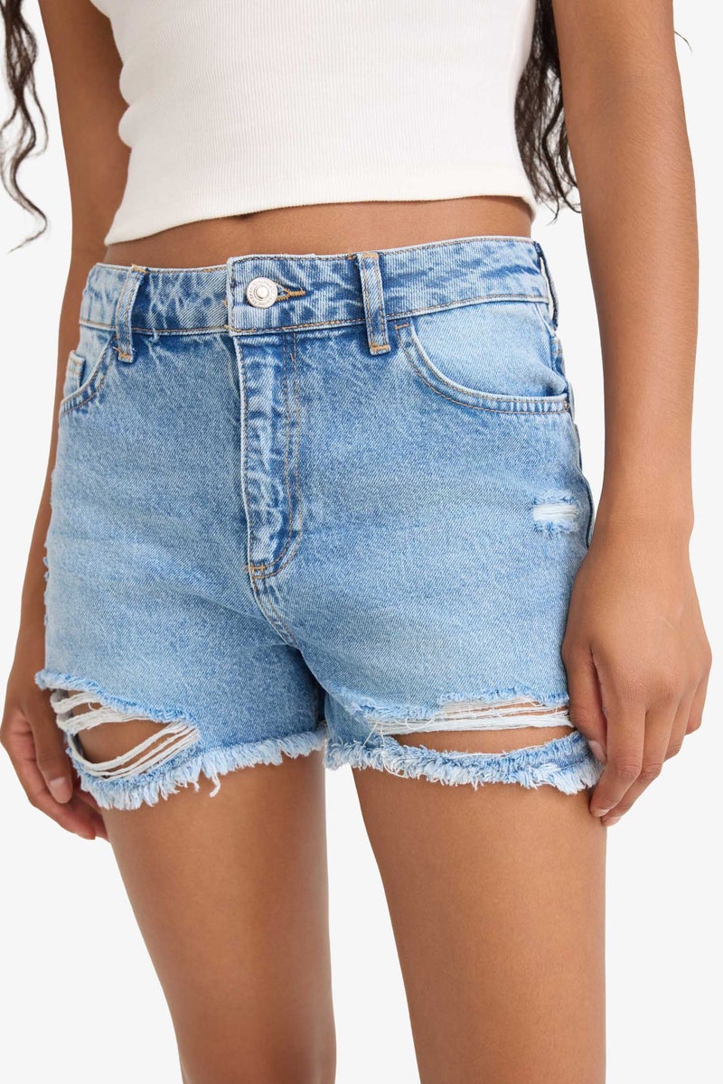 DeFacto Blue Woman High Waist Denim Shorts Casual - Image 4