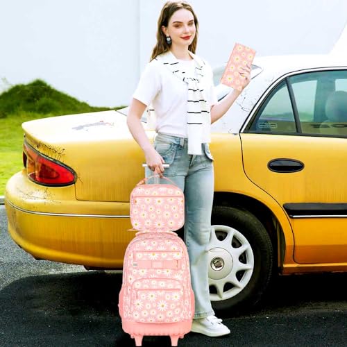 GXTVO Girls Rolling Backpack, Women Roller Bookbag with Lunch Box for Adults, Water Resistant Wheeled School Bag for College Teens Kids Travel - Pink Flower - Image 3