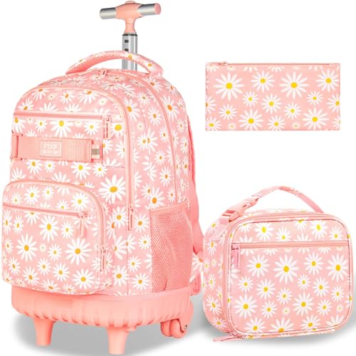 GXTVO Girls Rolling Backpack, Women Roller Bookbag with Lunch Box for Adults, Water Resistant Wheeled School Bag for College Teens Kids Travel - Pink Flower - Image 1