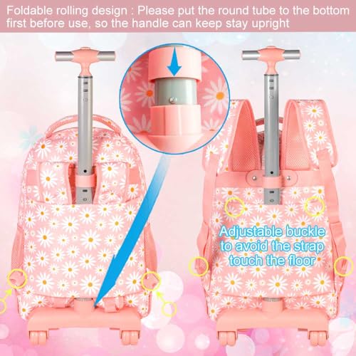 GXTVO Girls Rolling Backpack, Women Roller Bookbag with Lunch Box for Adults, Water Resistant Wheeled School Bag for College Teens Kids Travel - Pink Flower - Image 2