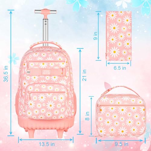 GXTVO Girls Rolling Backpack, Women Roller Bookbag with Lunch Box for Adults, Water Resistant Wheeled School Bag for College Teens Kids Travel - Pink Flower - Image 4