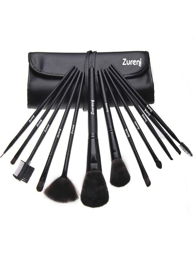 زوريني مجموعة فرش مكياج زوريني مكونة من 12 قطعة للوجه والعينين، مصنوعة من شعر صناعي، مع حقيبة تنظيم سوداء للفرش - Image 1