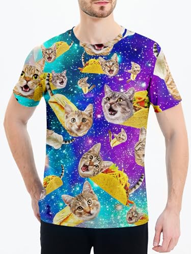 RAISEVERN Mens T-Shirt Funny Taco Cat Short Sleeve Crew Neck 3D Galaxy Graphic Tee Pizza Top Lightweight Cool Family Shirts Holiday Festival Party Crazy Shirt for Women - Image 2