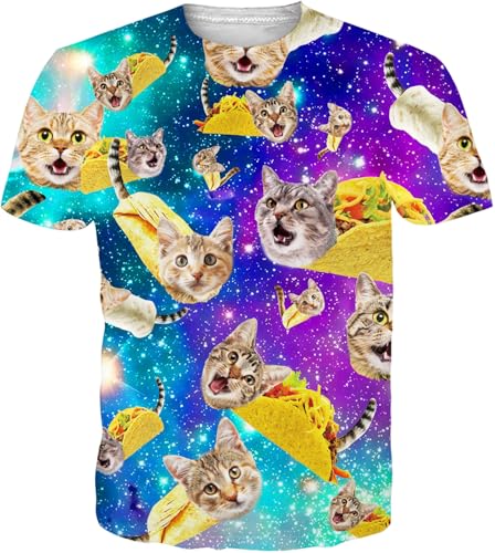 RAISEVERN Mens T-Shirt Funny Taco Cat Short Sleeve Crew Neck 3D Galaxy Graphic Tee Pizza Top Lightweight Cool Family Shirts Holiday Festival Party Crazy Shirt for Women - Image 1