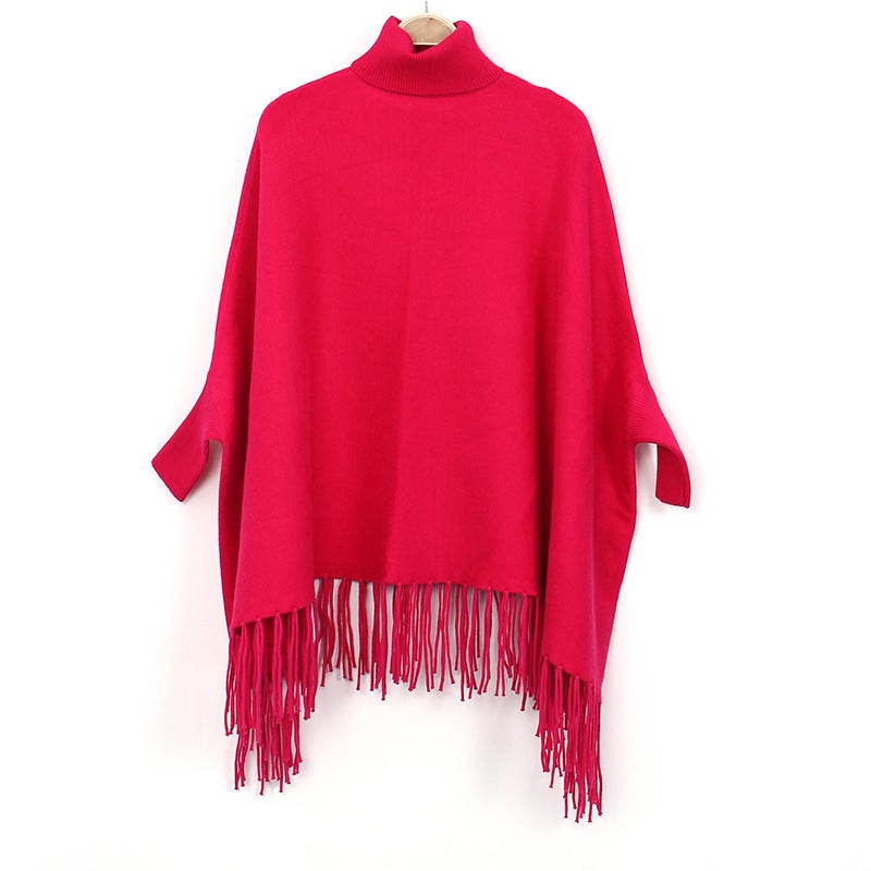 European and American autumn and winter high collar pullover ladies tassel cape monochrome cashmere shawl bat sleeve coat wholesale Rose Red 
