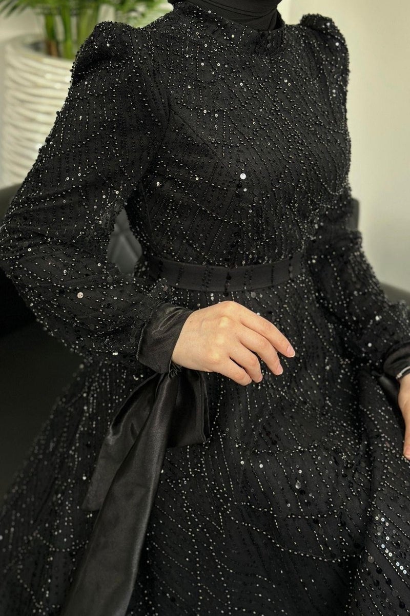Merven Akyüz Vittoria Sleeve Bow Beaded Evening Dress Black  - Image 5