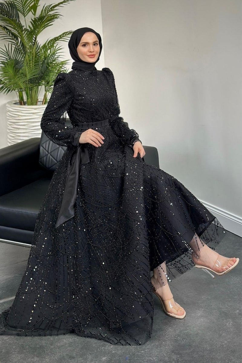 Merven Akyüz Vittoria Sleeve Bow Beaded Evening Dress Black  - Image 2