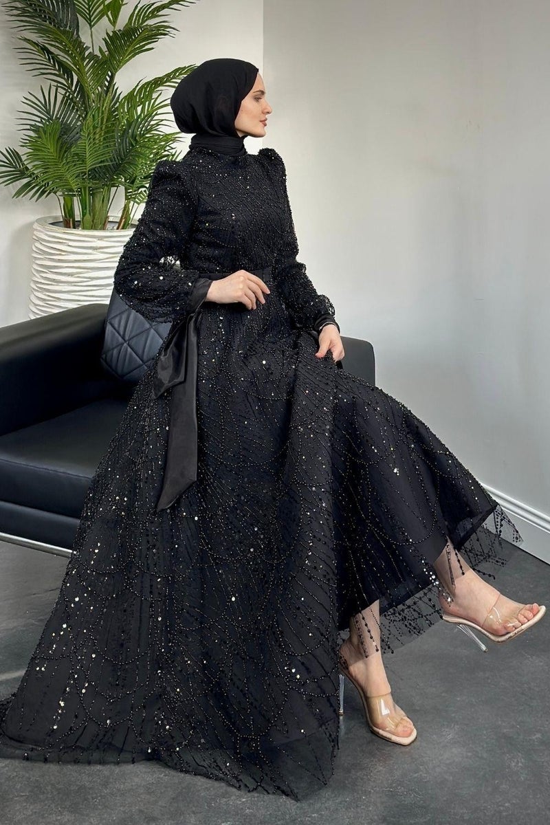 Merven Akyüz Vittoria Sleeve Bow Beaded Evening Dress Black  - Image 1