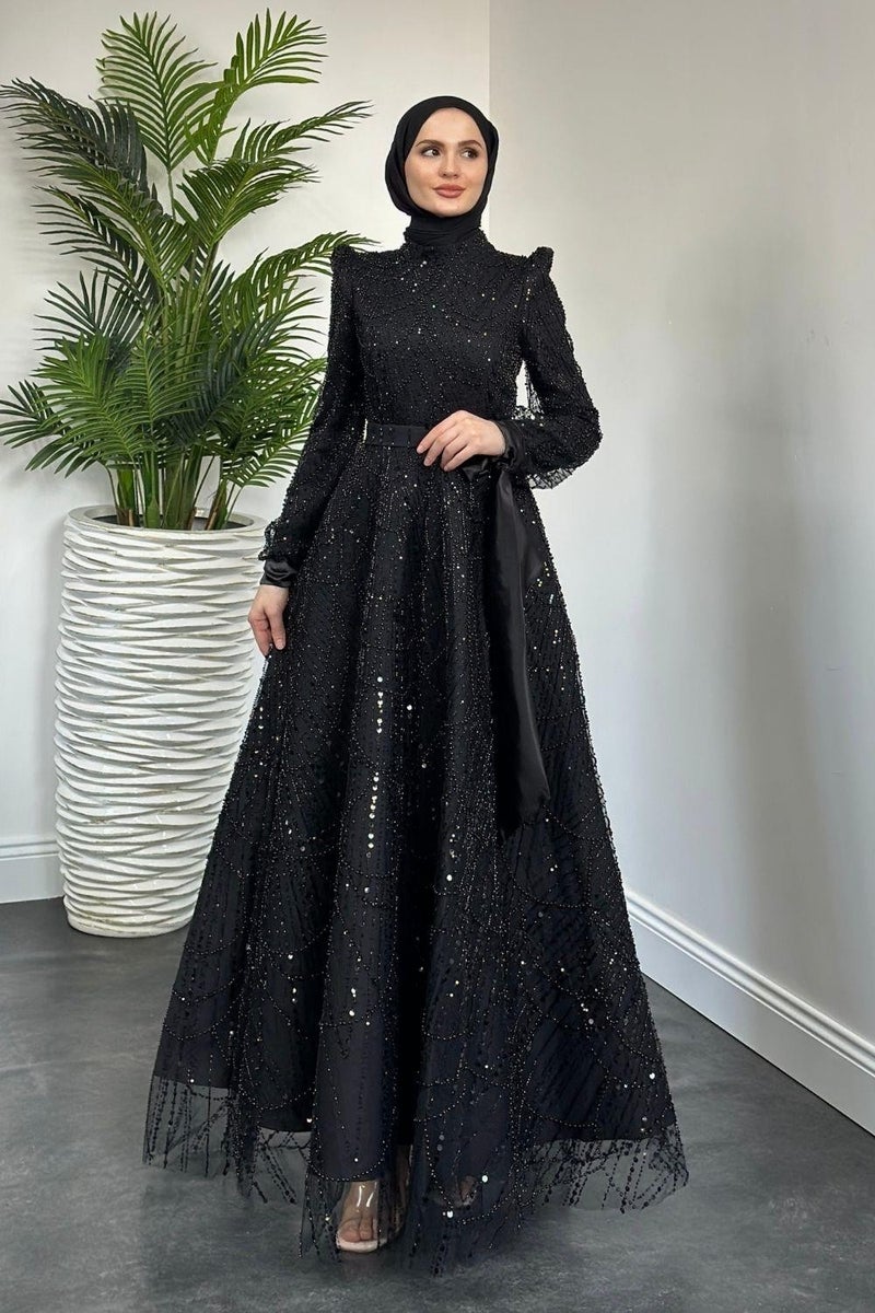 Merven Akyüz Vittoria Sleeve Bow Beaded Evening Dress Black  - Image 3