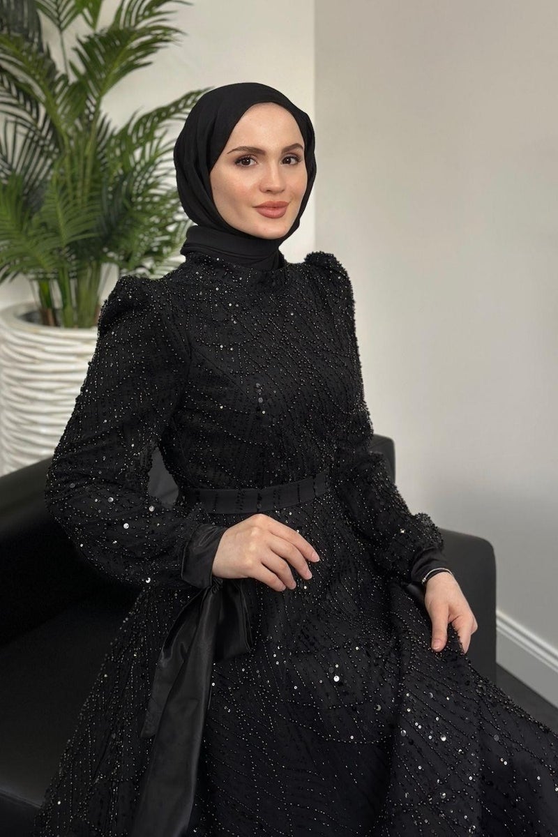 Merven Akyüz Vittoria Sleeve Bow Beaded Evening Dress Black  - Image 4
