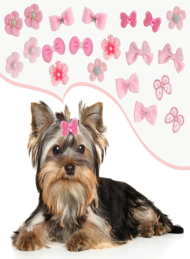 Gvhntk 20Pcs Light Pink Small Dog Hair Bows Cute Puppy Dog Bowknot Hair Bow Bulk with Rubber Bands Elastic Lace Rhinestone Pearls Hair Ties Mix Style Handmade Flower Bow Dog Cat (Light Pink, Cute pattern) - Image 4