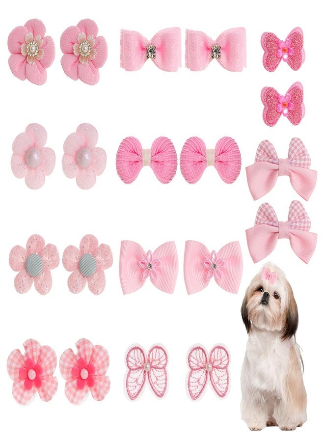 Gvhntk 20Pcs Light Pink Small Dog Hair Bows Cute Puppy Dog Bowknot Hair Bow Bulk with Rubber Bands Elastic Lace Rhinestone Pearls Hair Ties Mix Style Handmade Flower Bow Dog Cat (Light Pink, Cute pattern) - Image 1
