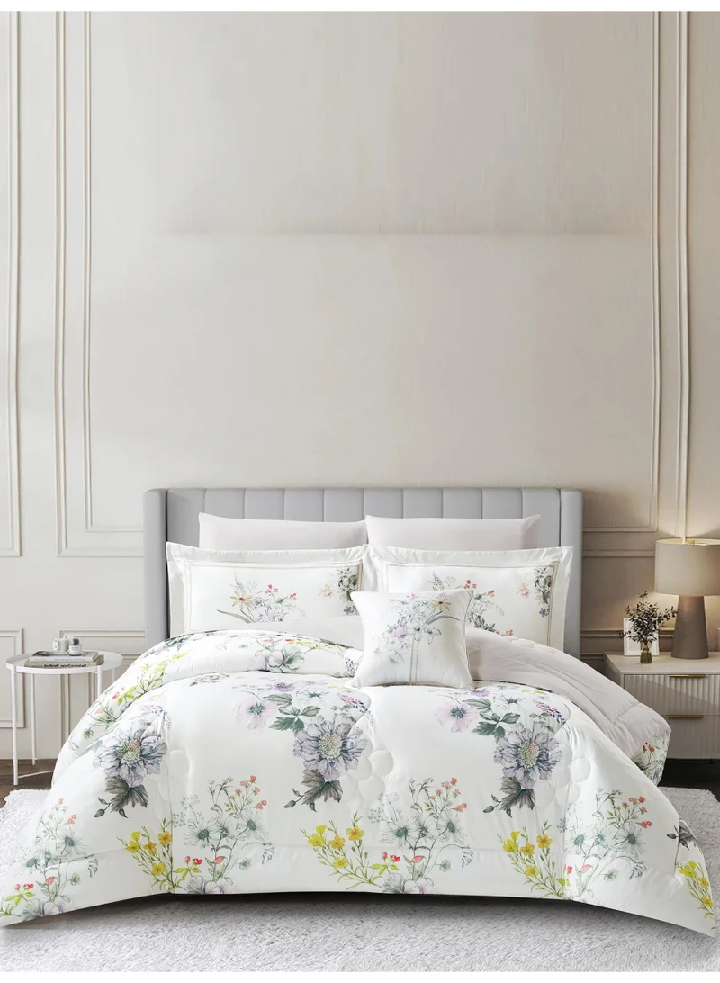 Donetella Bedding Comforter Set, King Size Fits 200x200 cm - 7-Pcs Digital Print Quilted Bed Set, Microfiber Fabric - 1 Comforter, 1 Fitted Sheet, 2 Pillow Shams, 2 Pillowcases 1 Cushion Cover.