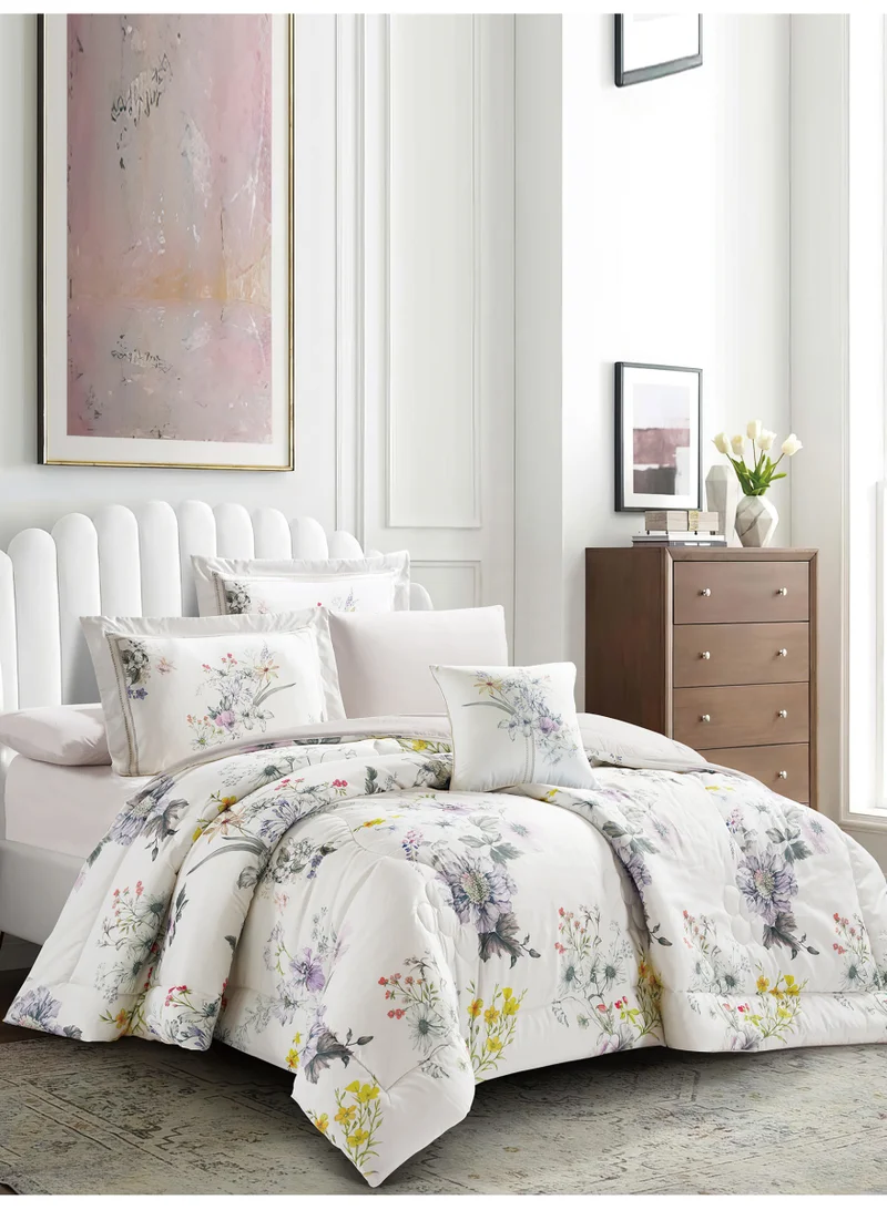Donetella Bedding Comforter Set, King Size Fits 200x200 cm - 7-Pcs Digital Print Quilted Bed Set, Microfiber Fabric - 1 Comforter, 1 Fitted Sheet, 2 Pillow Shams, 2 Pillowcases 1 Cushion Cover.