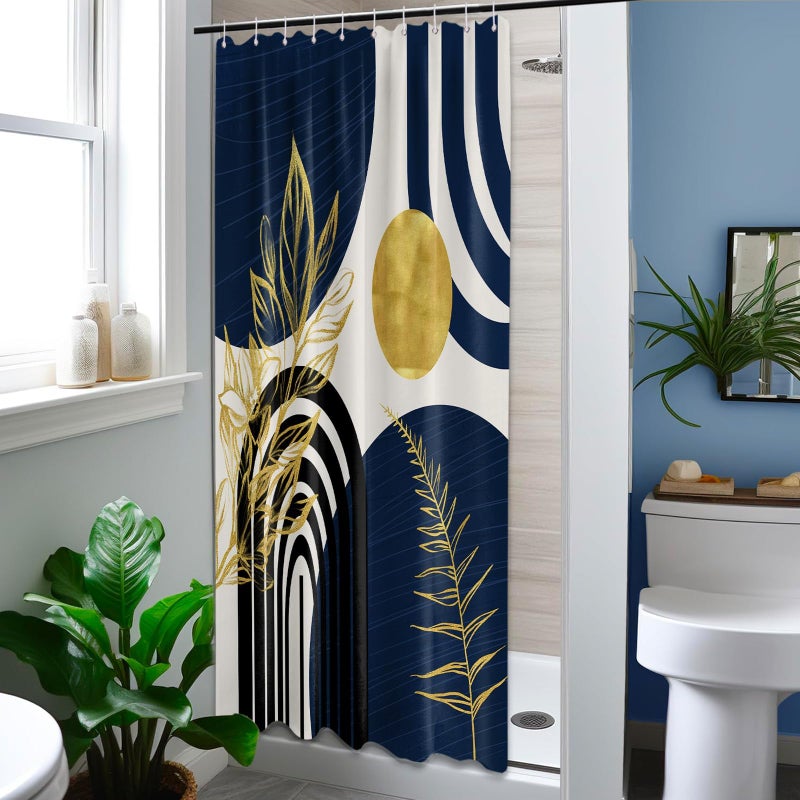 QGHOT Boho Mid Century Modern Shower Curtain Navy Blue Shower Curtains for Mens Bathroom Decor Bohemian Dark Blue and Gold Leaves MCM Bath Curtain Set  Waterproof Fabric with Hooks  48"" W x 72"" L - Image 3